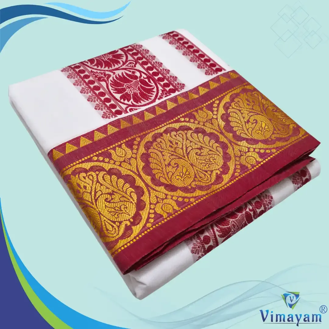 Embose premium quality self mango flower design - Assorted border colours - Vimayam Dhoties