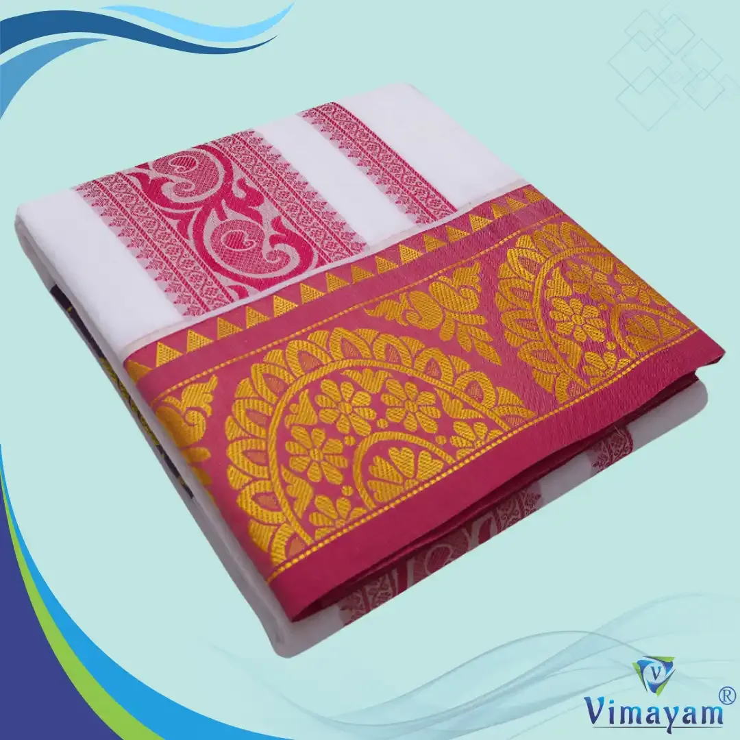 Embose premium quality self sunflower design - Assorted border colours - Vimayam Dhoties