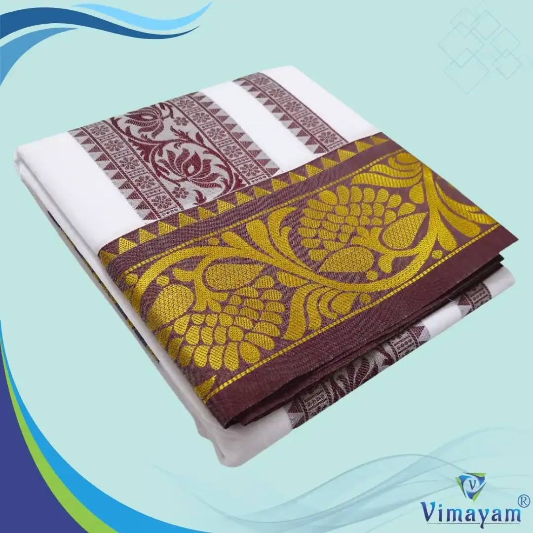 Embose premium quality self multi leaf design - Assorted border colours - Vimayam Dhoties