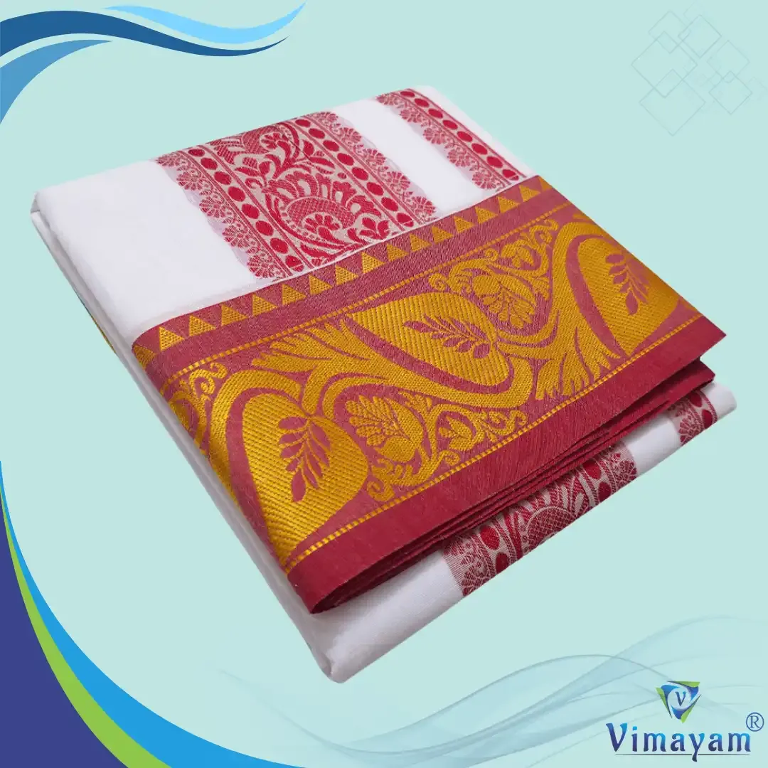 Embose premium quality self leaf design - Assorted border colours - Vimayam Dhoties