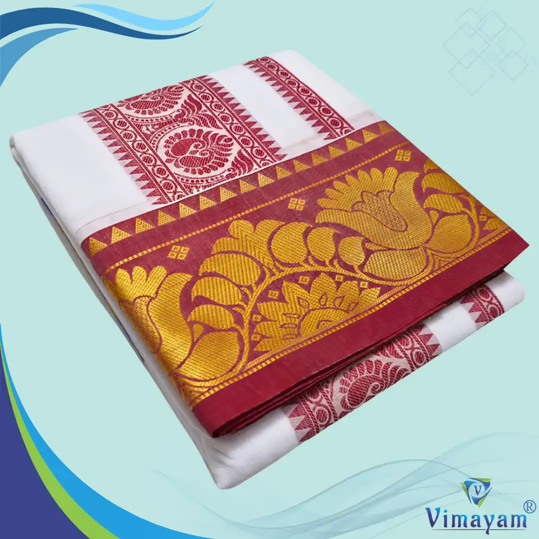 Embose premium quality self lotus design - Assorted border colours - Vimayam Dhoties