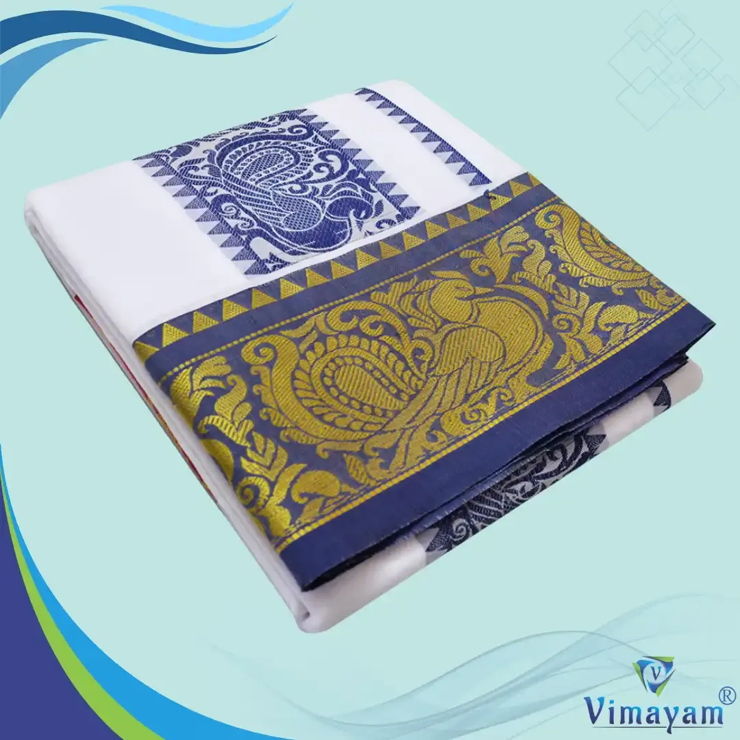 Embose premium quality self peacock design - Assorted border colours - Vimayam Dhoties