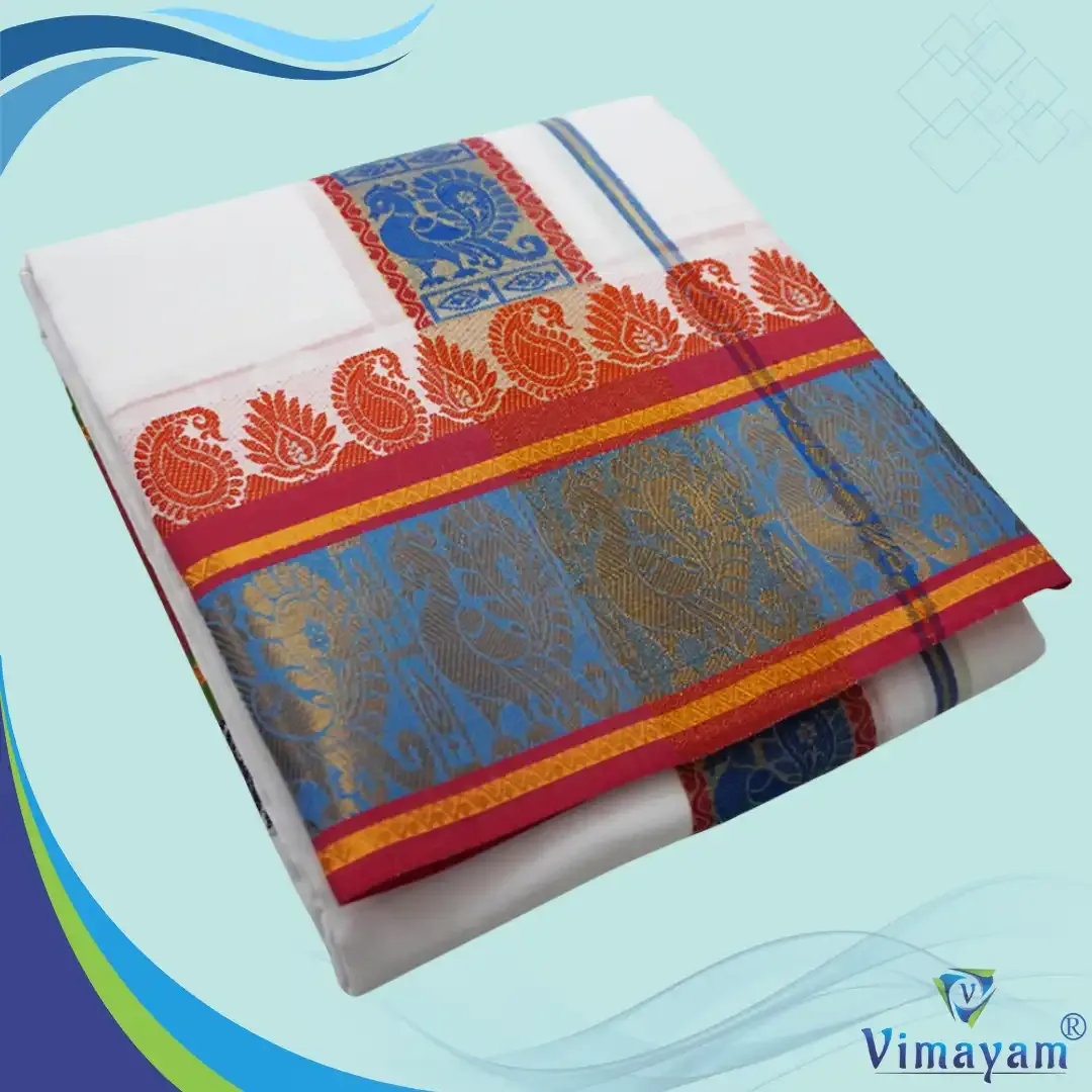 Peaock designed premium self designed dhoti - Assorted border colours - Vimayam Dhoties