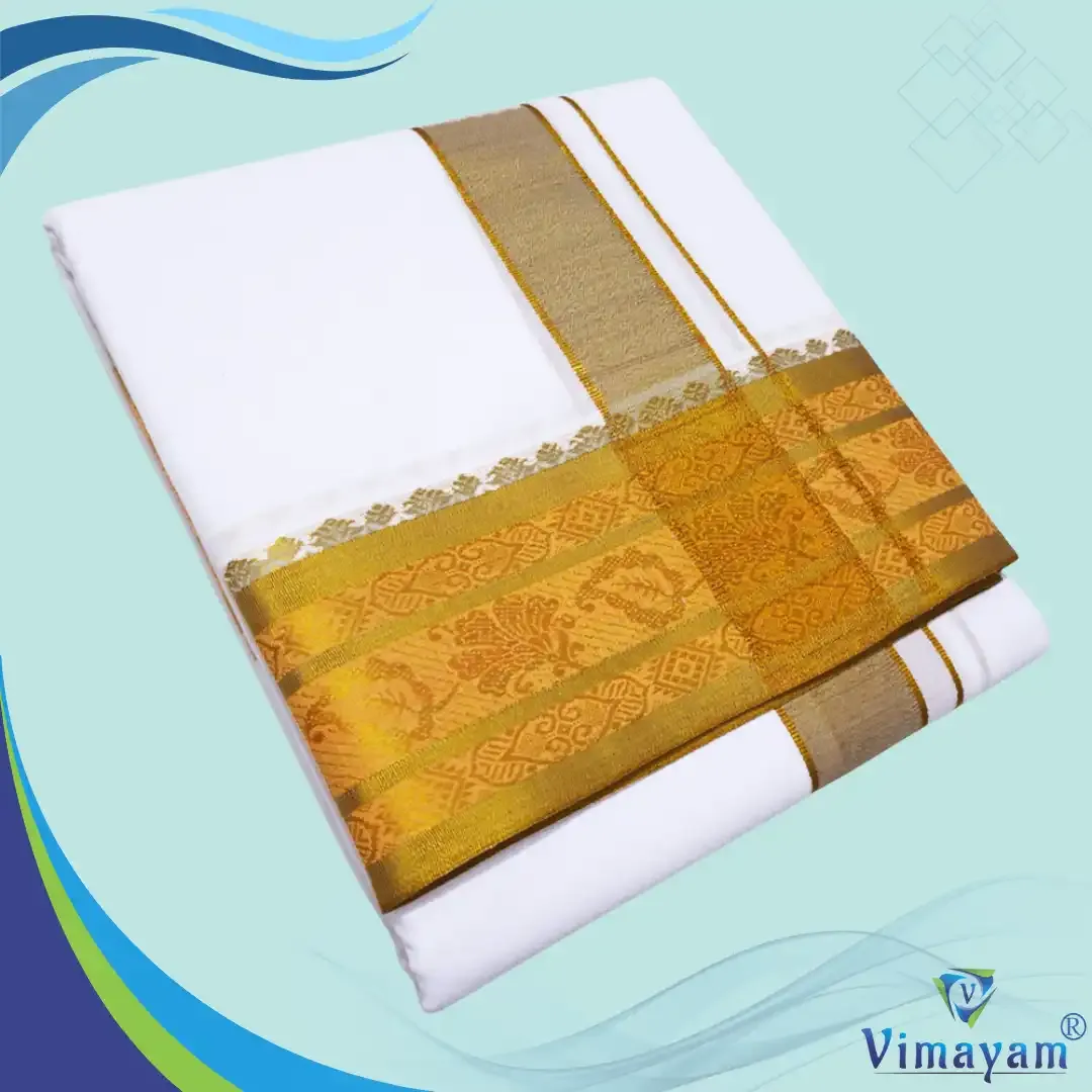 Golden zari tissue border premium quality dhoti - Assorted border designs - Vimayam Dhoties