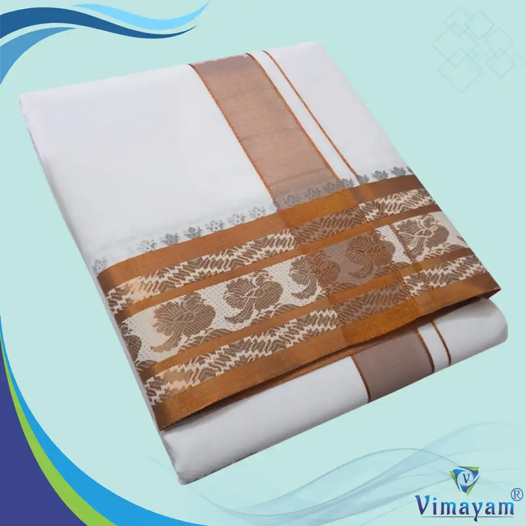 Copper zari tissue border premium quality dhoti - Assorted border designs - Vimayam Dhoties