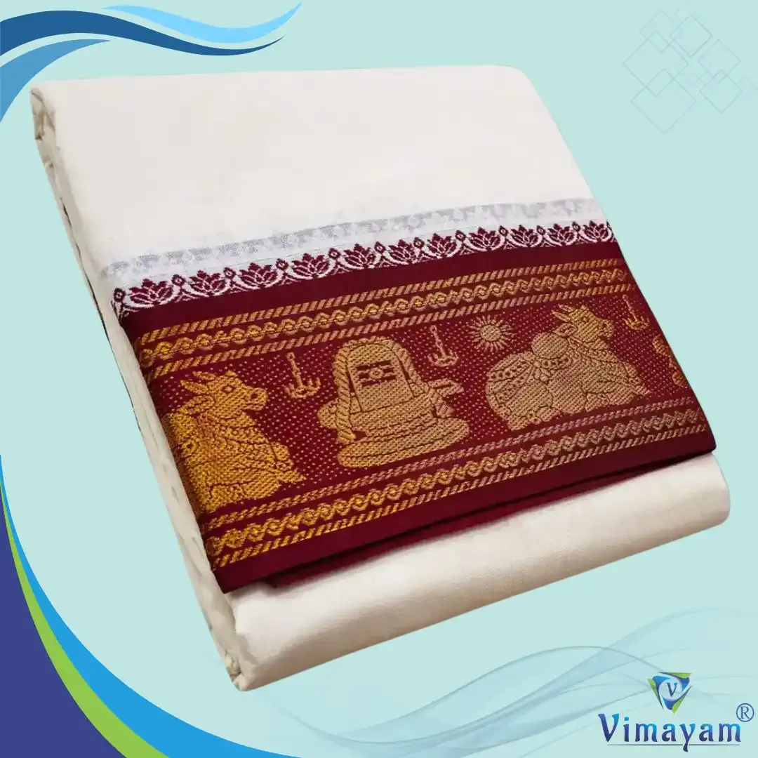 Nandhi lingam designed premium quality dhoti - Assorted border colours - Vimayam Dhoties