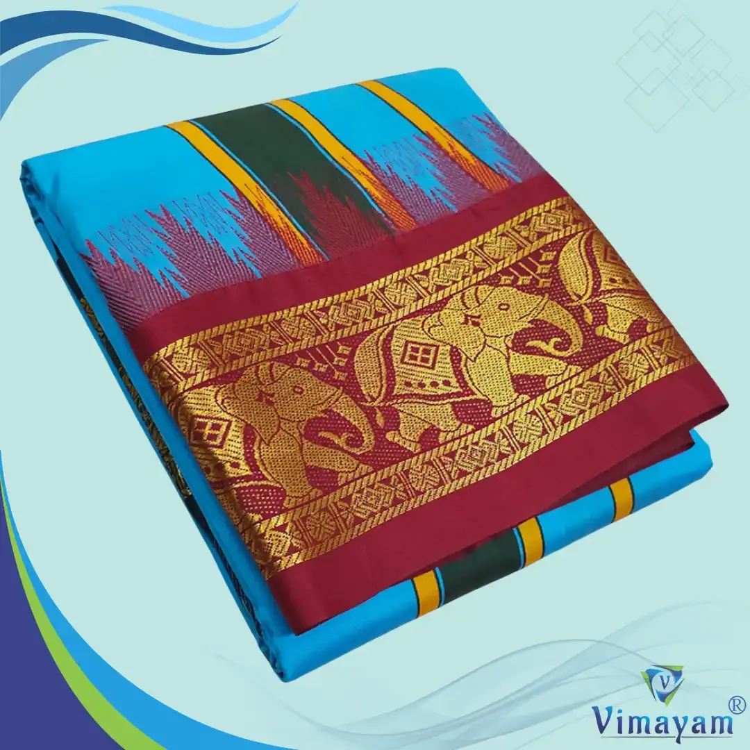 Anandha blue soft silk dhoti premium quality - Assorted border designs - Vimayam Dhoties