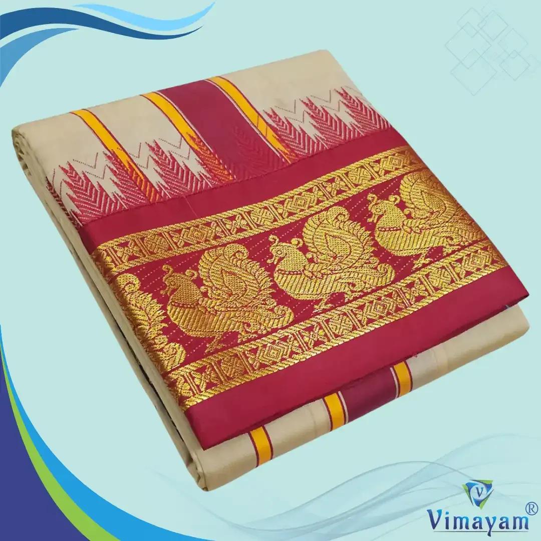 Beige soft silk dhoti premium quality - Assorted border designs - Vimayam Dhoties