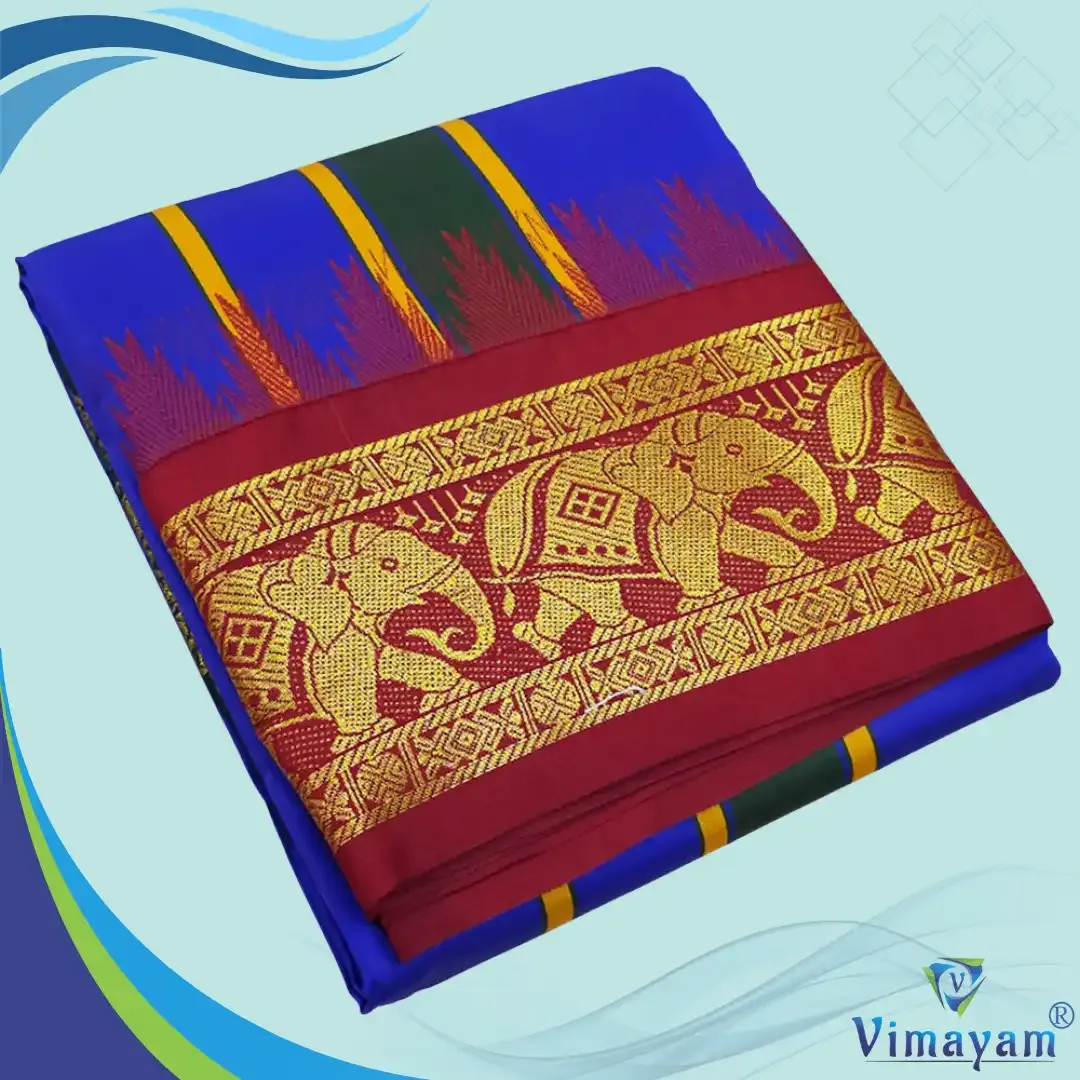 Blue soft silk dhoti premium quality - Assorted border designs - Vimayam Dhoties
