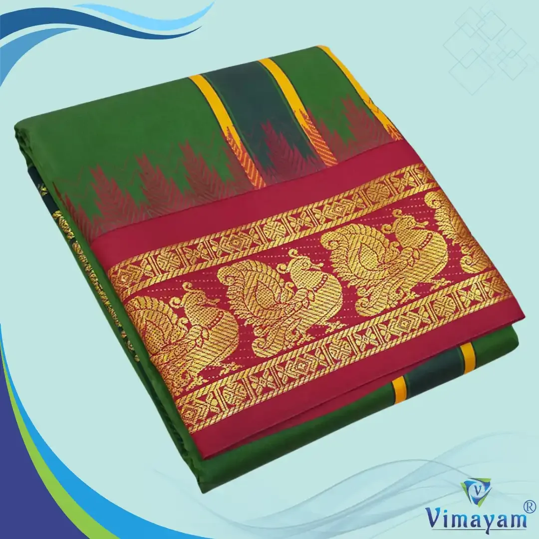 Dark green soft silk dhoti premium quality - Assorted border designs - Vimayam Dhoties