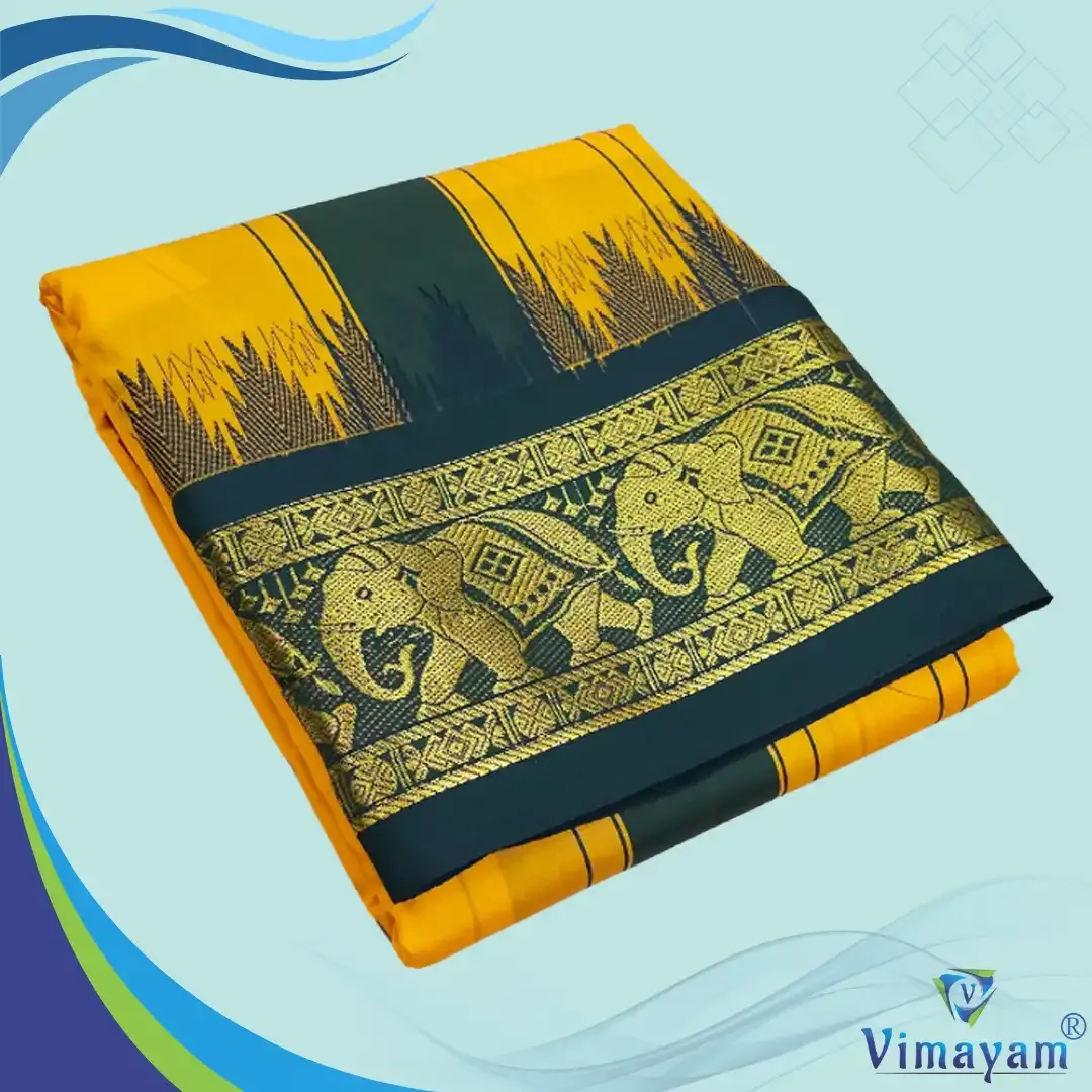 Golden mango soft silk dhoti premium quality - Assorted border designs - Vimayam Dhoties