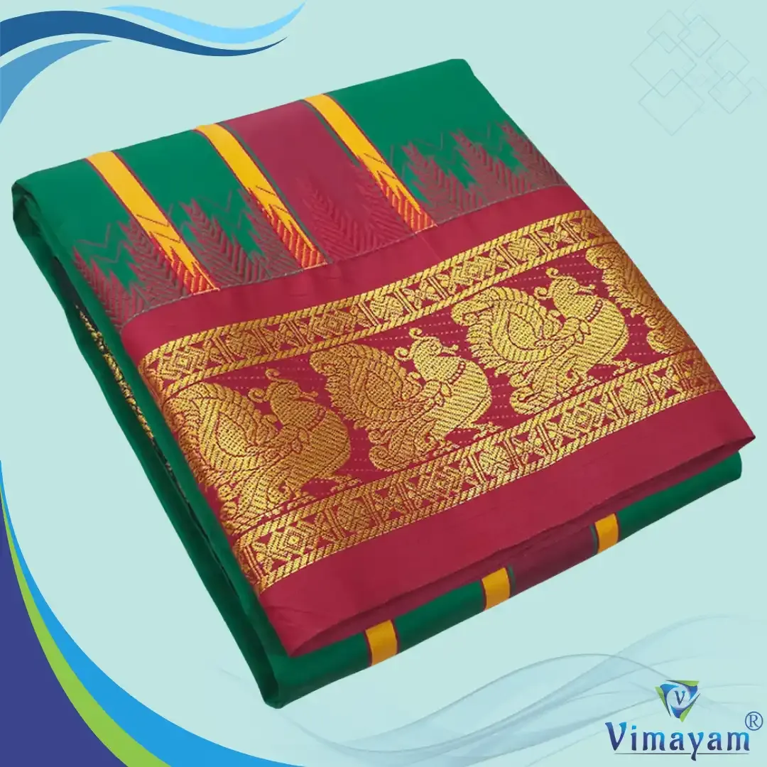 Green soft silk dhoti premium quality - Assorted border designs - Vimayam Dhoties