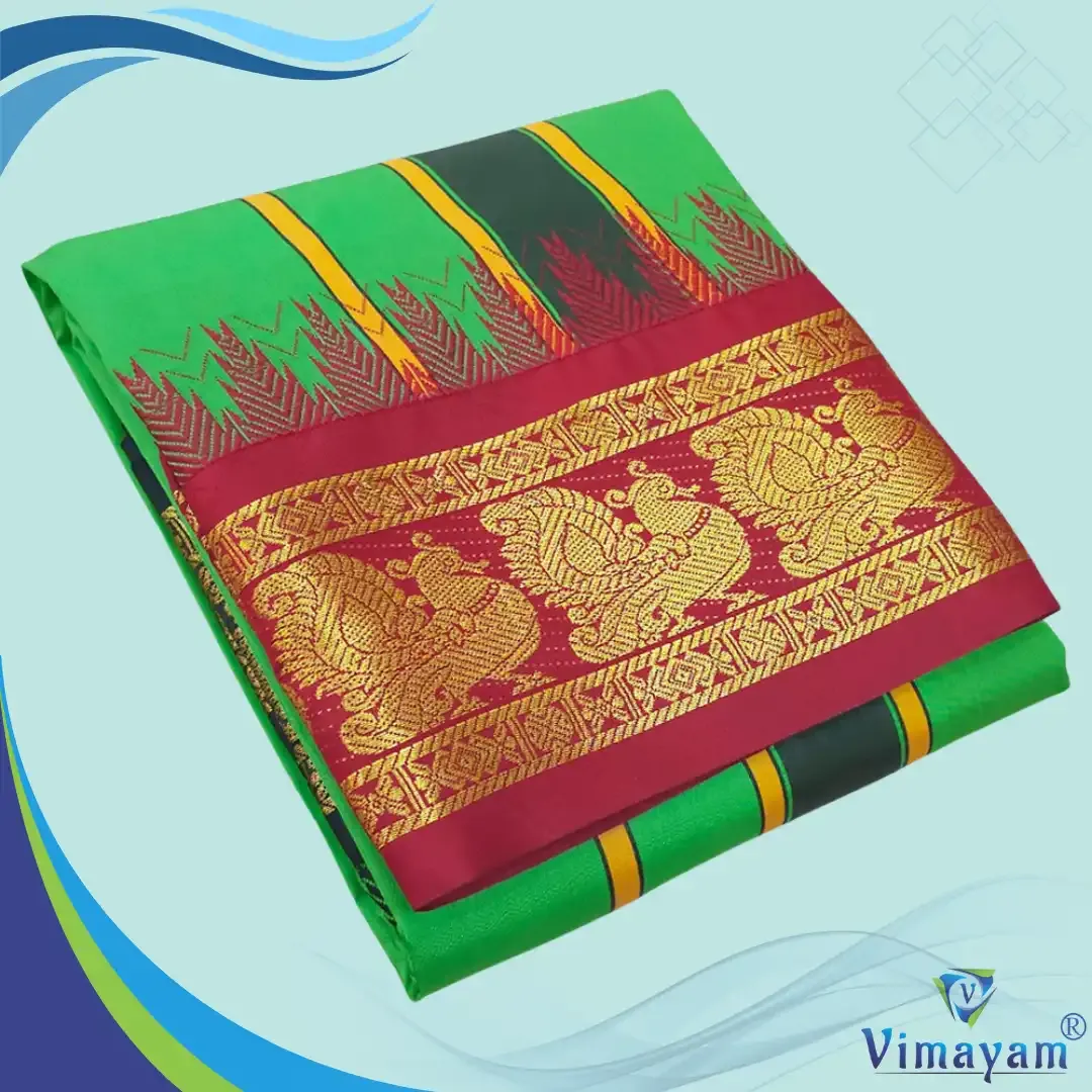 Leaf green soft silk dhoti premium quality - Assorted border designs - Vimayam Dhoties