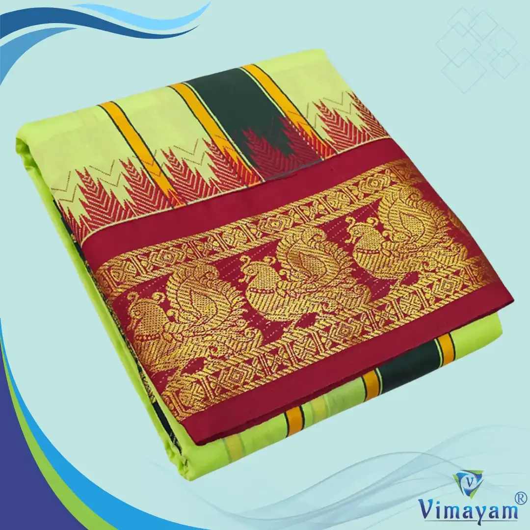 Lime green soft silk dhoti premium quality - Assorted border designs - Vimayam Dhoties