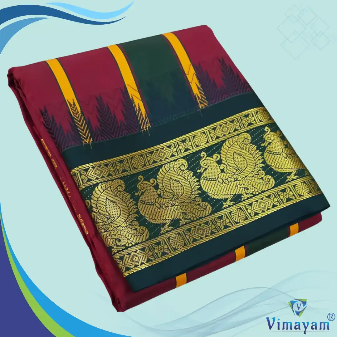 Maroon soft silk dhoti premium quality - Assorted border designs - Vimayam Dhoties
