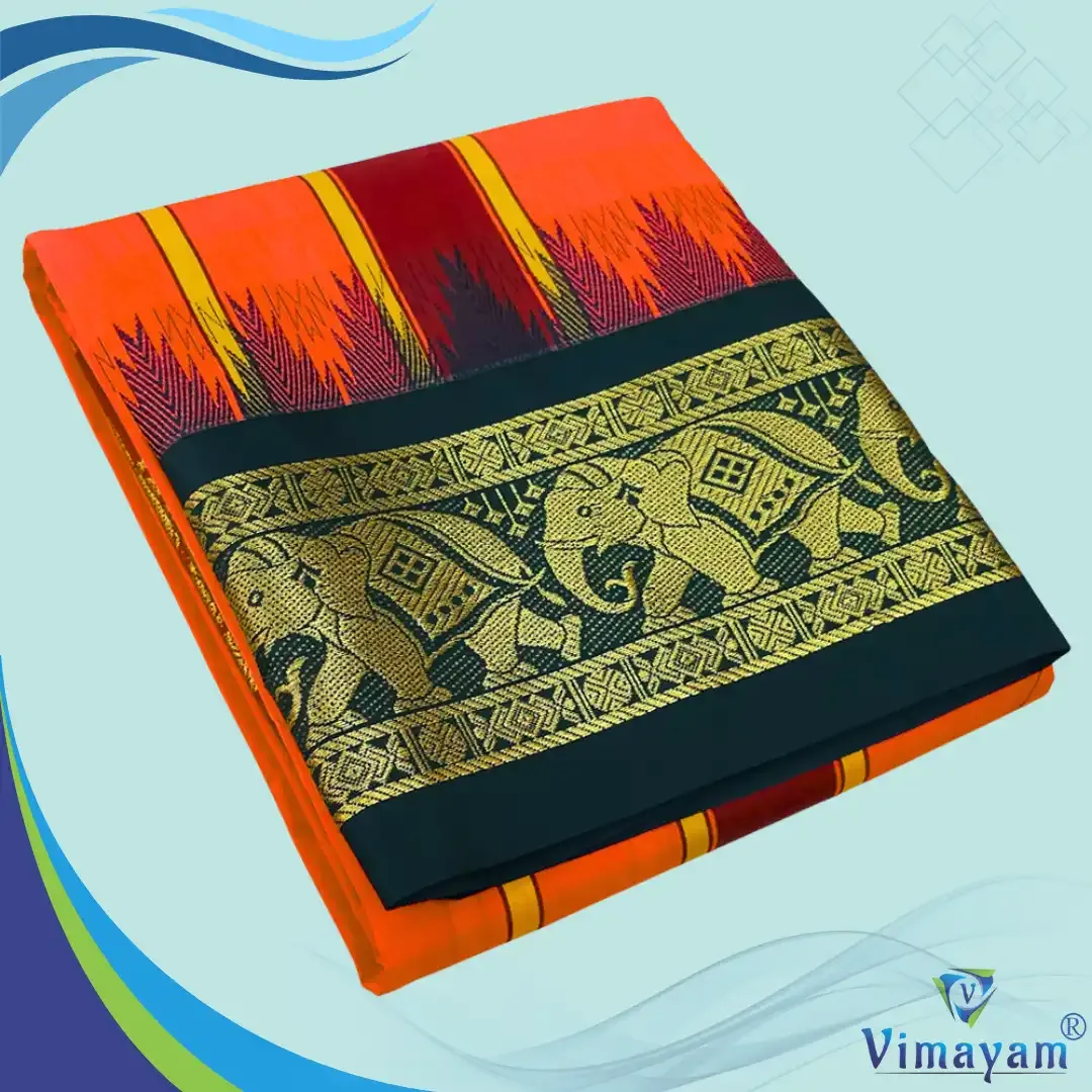 Orange soft silk dhoti premium quality - Assorted border designs - Vimayam Dhoties