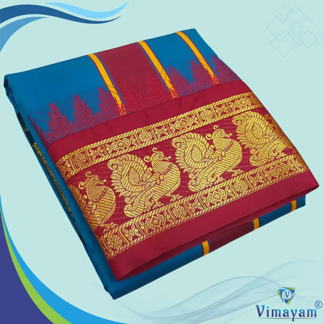 Peacock blue soft silk dhoti premium quality - Assorted border designs - Vimayam Dhoties