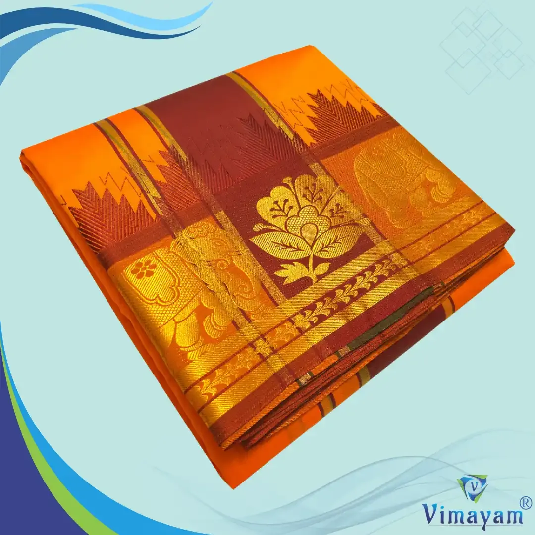 Orange soft silk special quality - Assorted border designs - Vimayam Dhoties