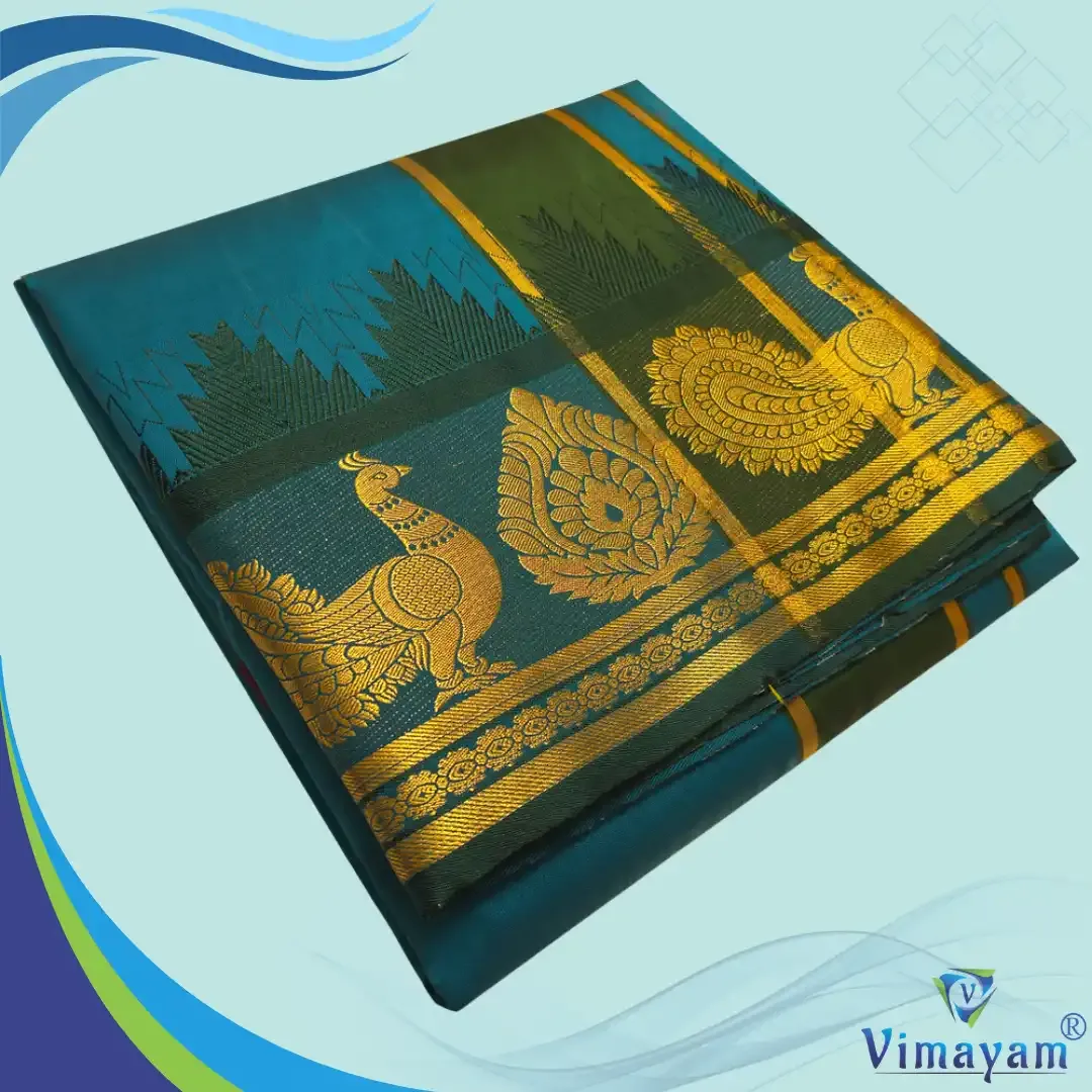 Peacock blue soft silk special quality - Assorted border designs - Vimayam Dhoties