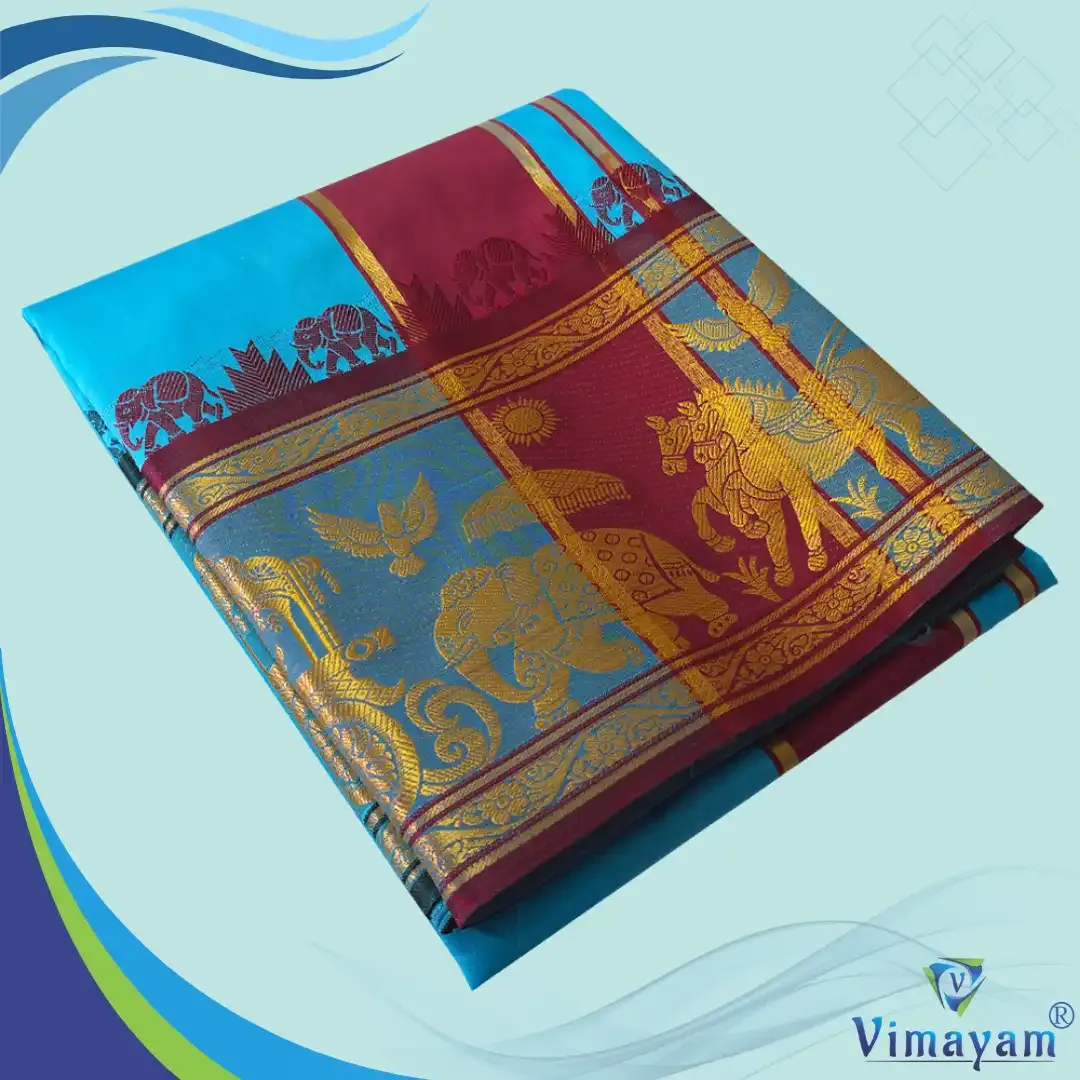 Ananadha blue premium quality big border dhoti - Assorted border designs - Vimayam Dhoties