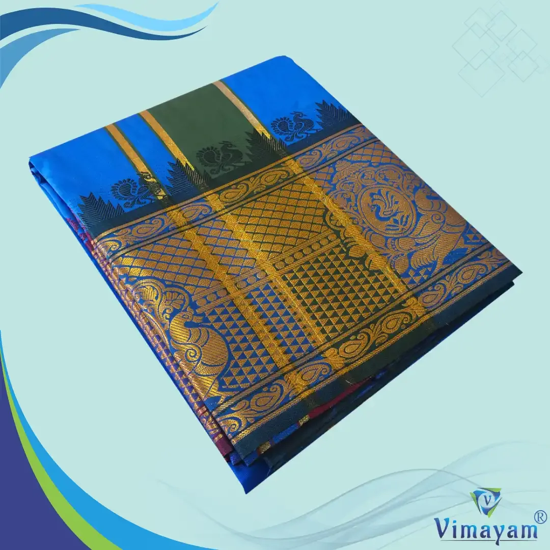 Blue premium quality big border dhoti - Assorted border designs - Vimayam Dhoties