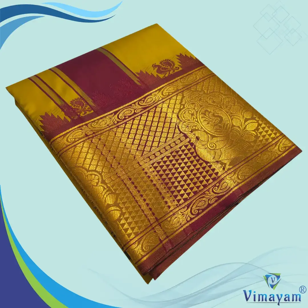 Mustard premium quality big border dhoti - Assorted border designs - Vimayam Dhoties