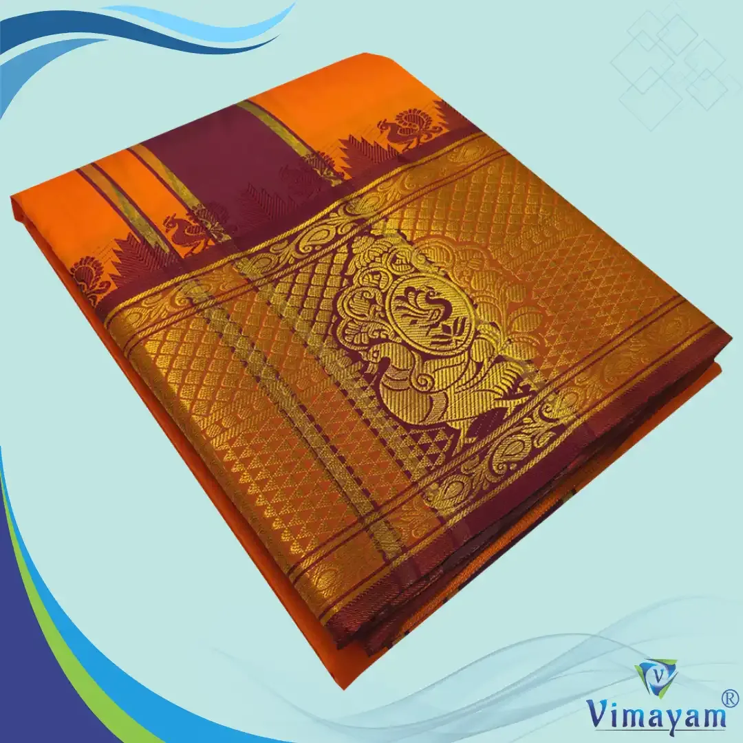Orange premium quality big border dhoti - Assorted border designs - Vimayam Dhoties