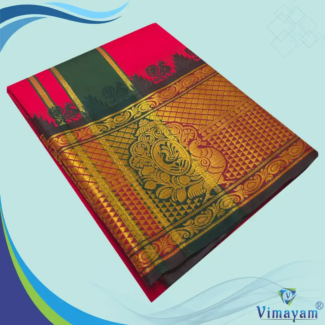 Red premium quality big border dhoti - Assorted border designs - Vimayam Dhoties