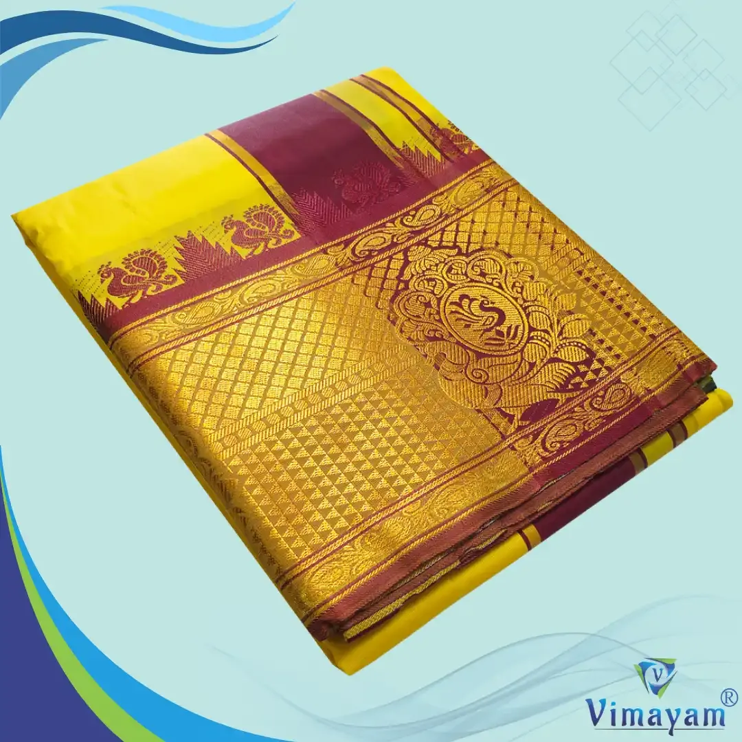Yellow premium quality big border dhoti - Assorted border designs