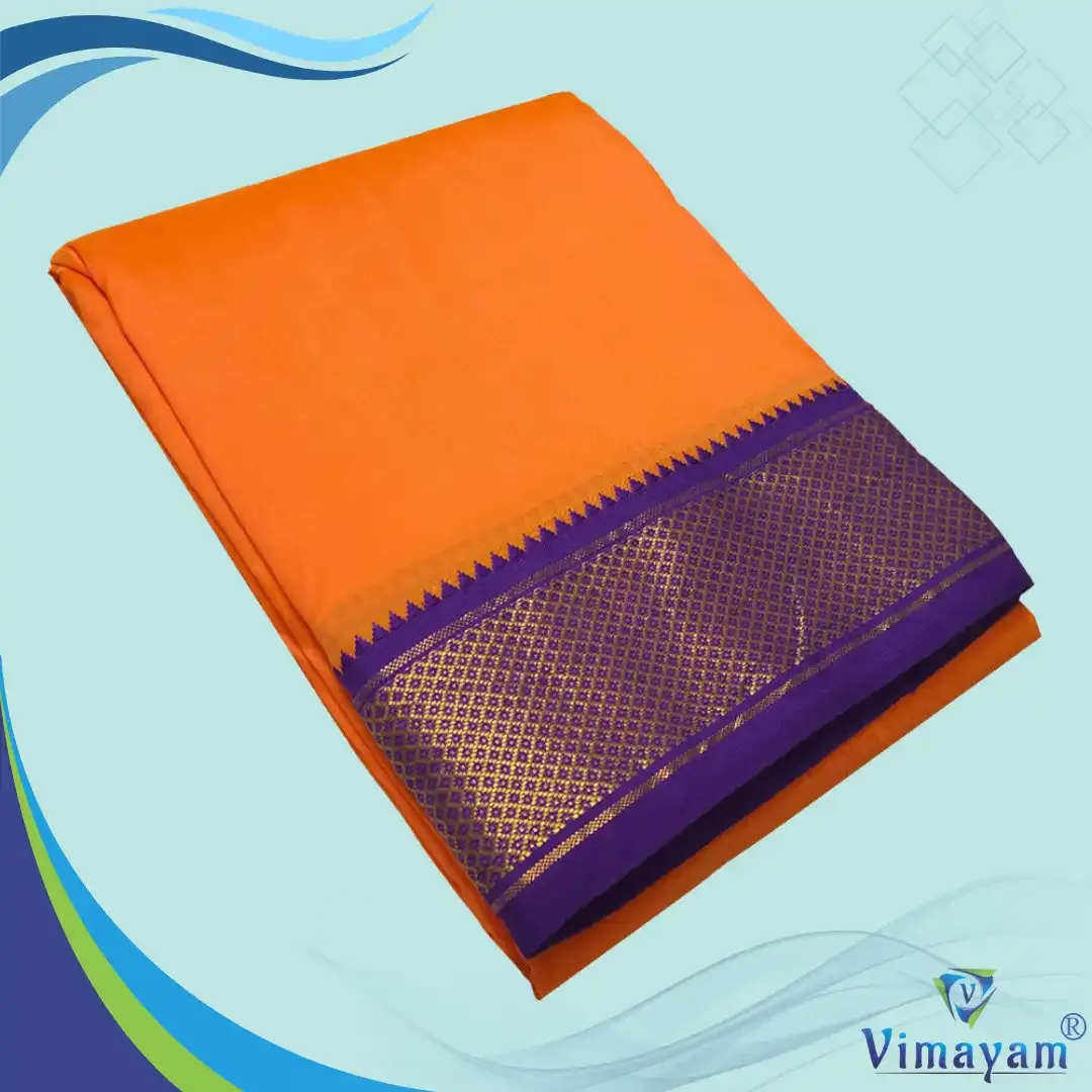 Orange colour mayilkan premium quality 13 Kan - Assorted border colours - Vimayam Dhoties