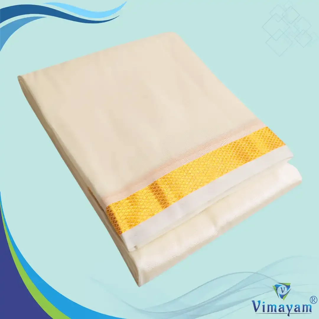 Art silk cream colour silk dhoti with golden zari border - 1 inch zari - Vimayam Dhoties