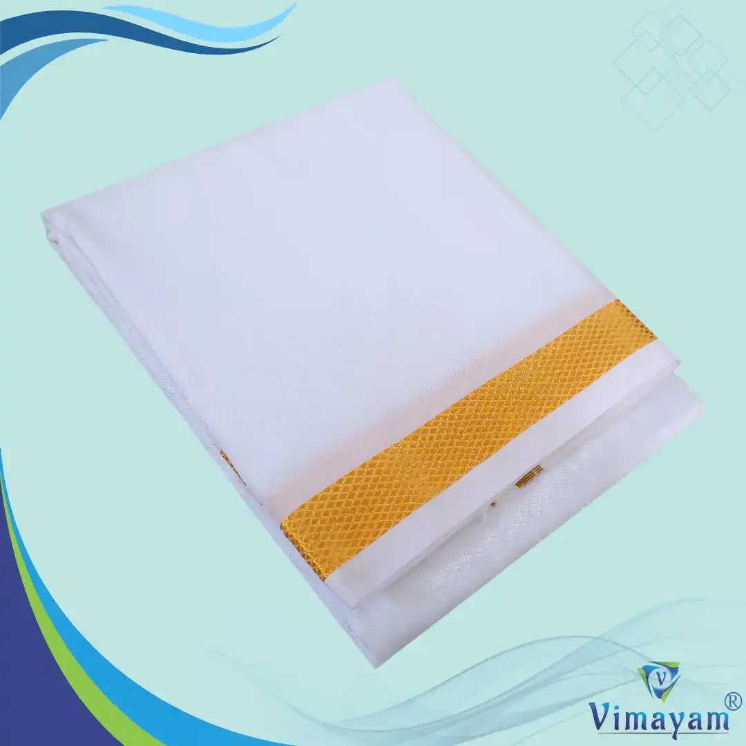 Art silk whilte colour silk dhoti with golden zari border - 1 inch zari - Vimayam Dhoties