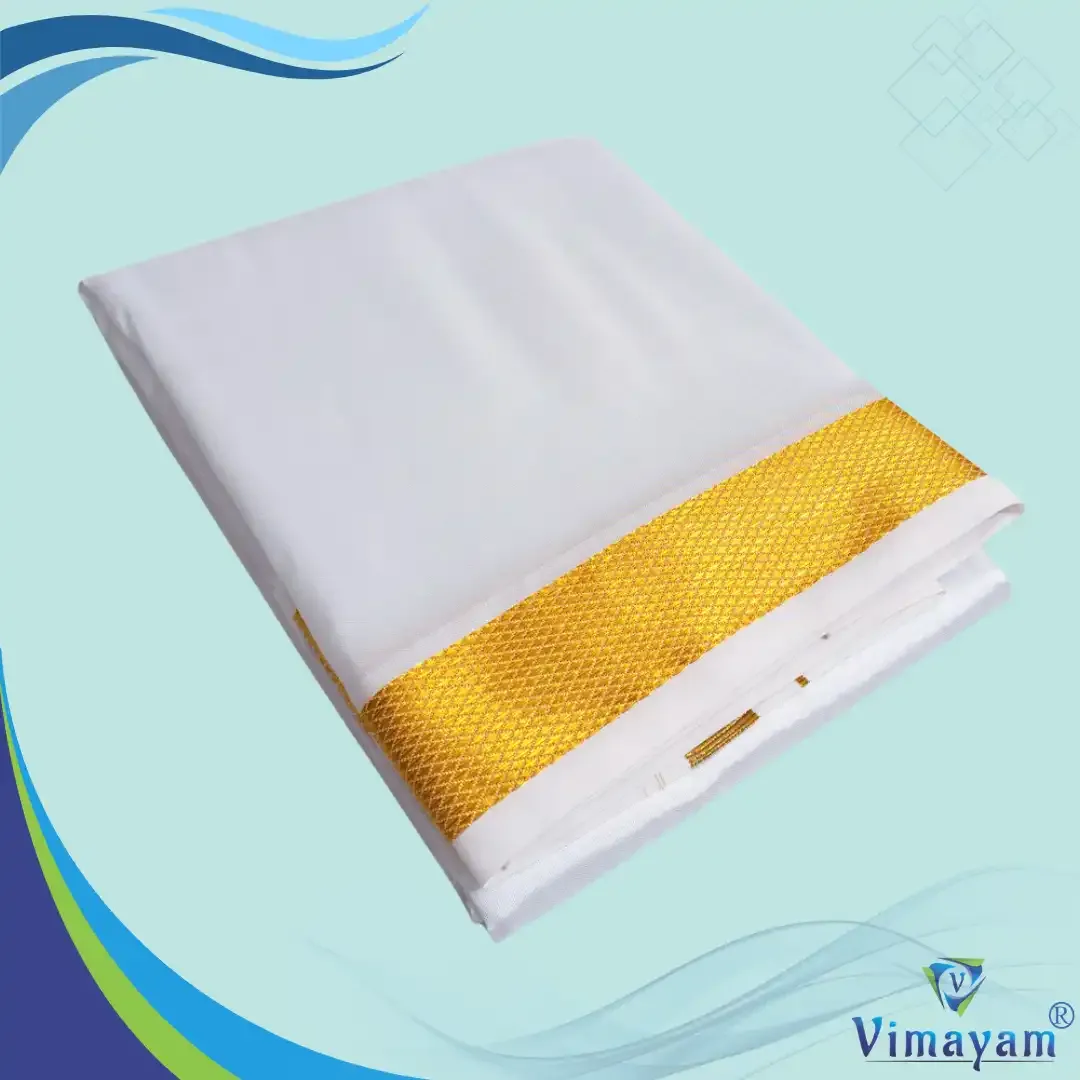 Art silk white colour silk dhoti with golden zari border - 1.5 inch zari - Vimayam Dhoties