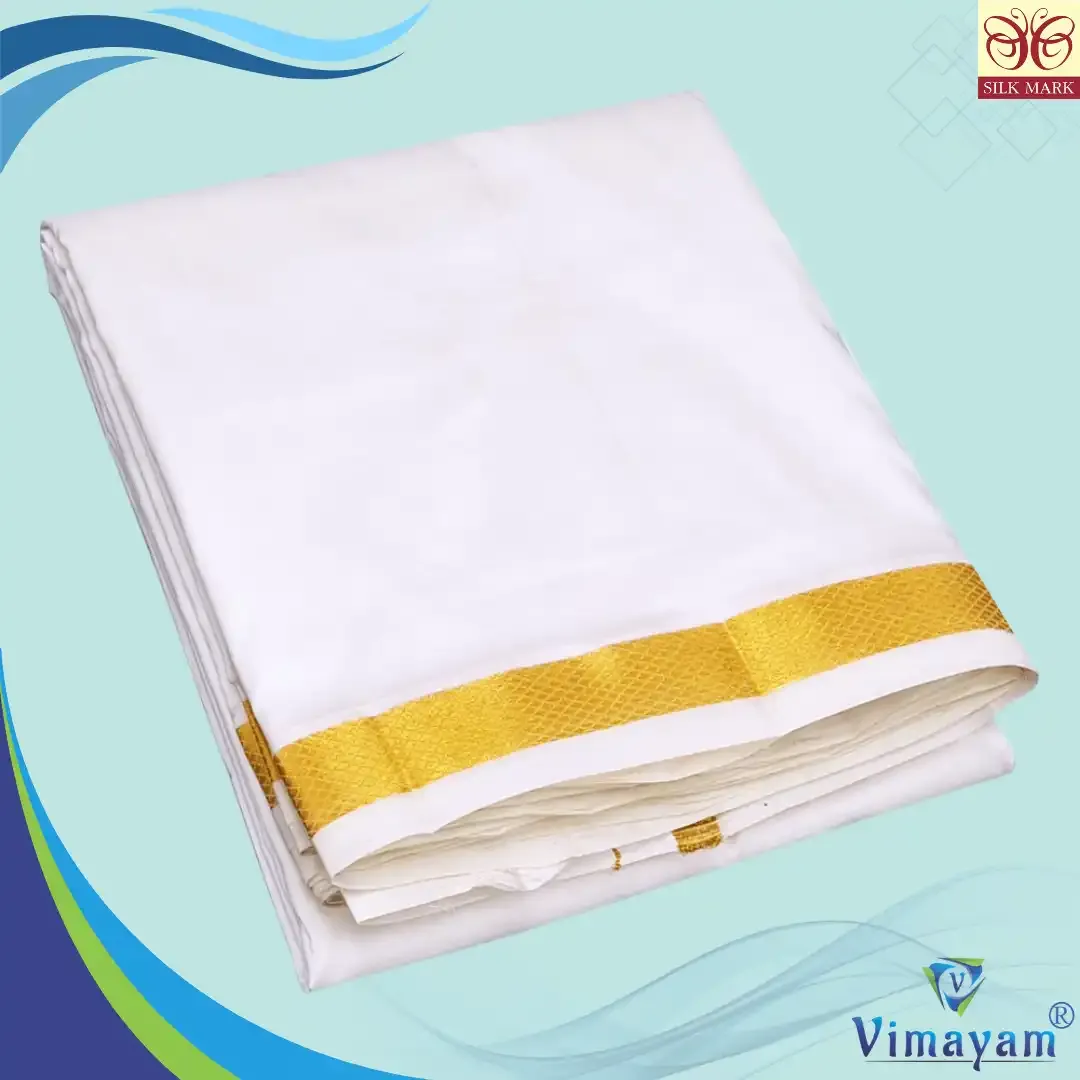 Pure silk white dhoti with golden zari border - 1 inch zari - Vimayam Dhoties