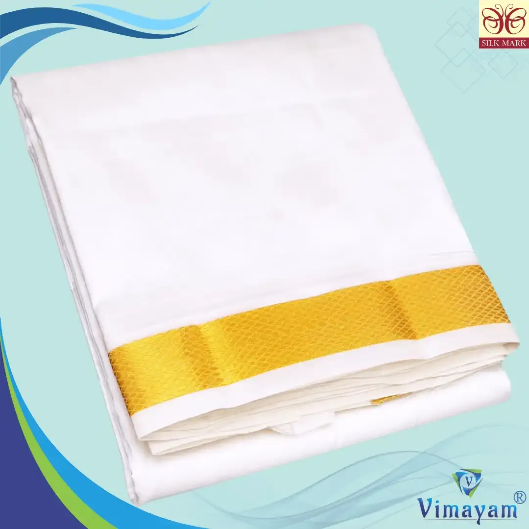 Pure silk white dhoti with golden zari border - 1.5 inch zari - Vimayam Dhoties