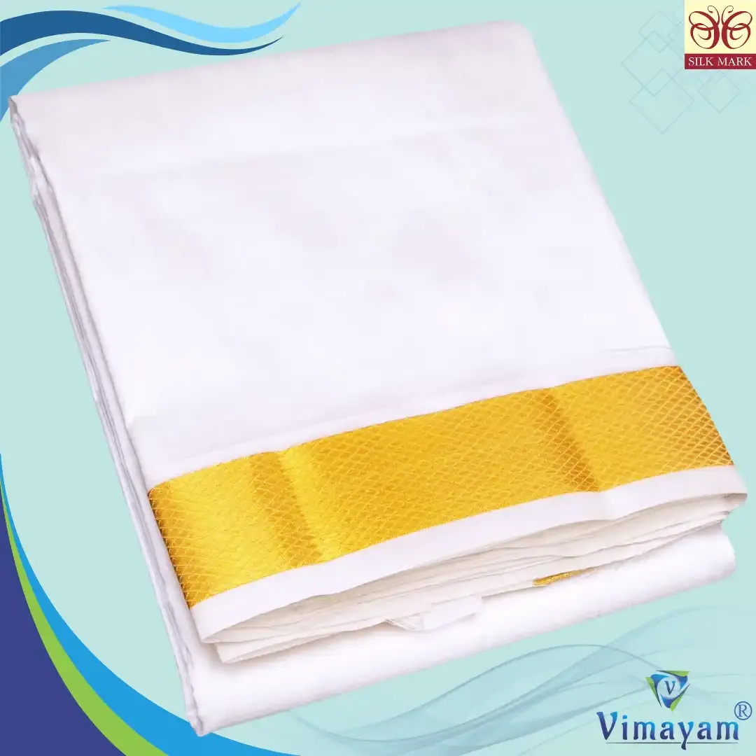 Pure silk white colour dhoti with golden zari border - 2 inch zari - Vimayam Dhoties