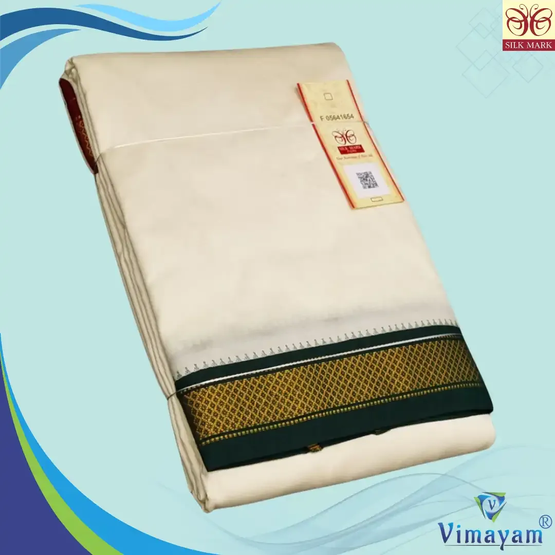 Pure silk ganga jamuna mayilkan cream dhoti - 5 kan - Vimayam Dhoties