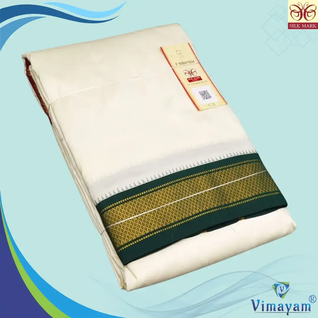 Pure silk ganga jamuna mayilkan Cream dhoti - 7 kan - Vimayam Dhoties
