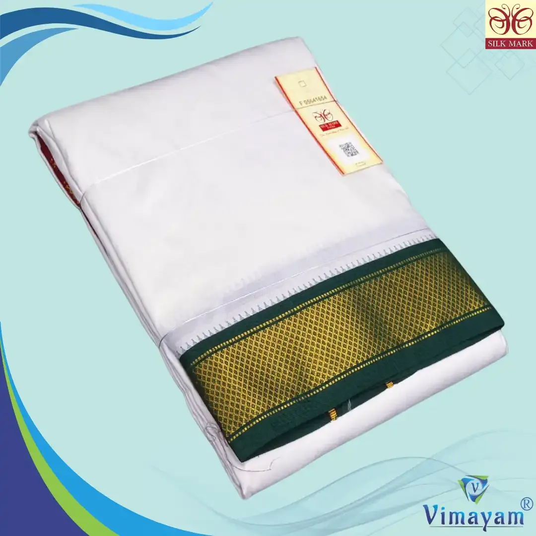 Pure silk ganga jamuna mayilkan white dhoti - 9 kan - Vimayam Dhoties