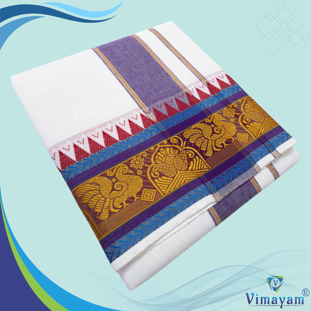 Peacock flower designed dhoti towel set 9X5  - Vimayam Dhoties