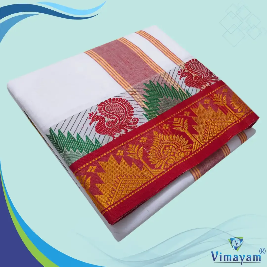 Flower Peacock Designed multicolour temple border dhoti 9X5 - Vimayam Dhoties