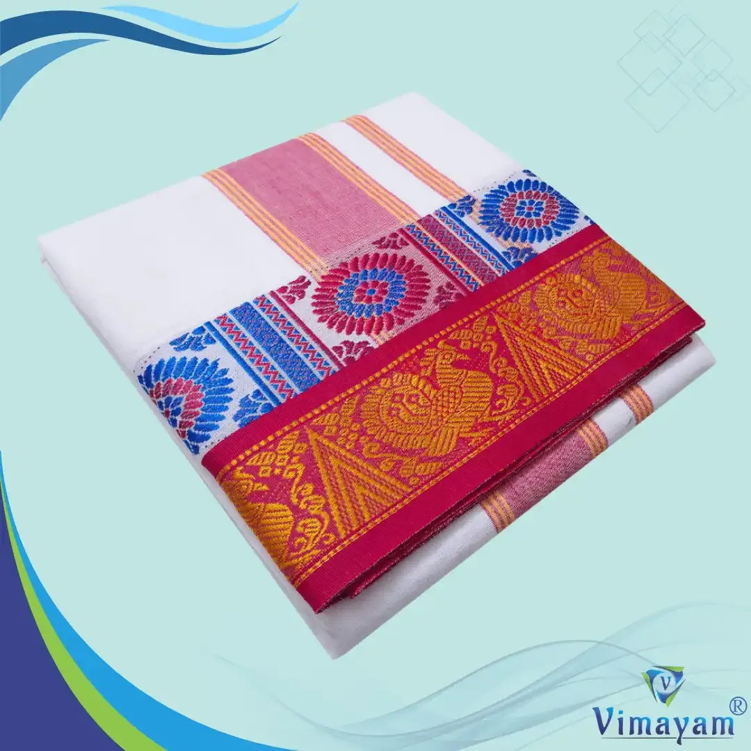 Peacock Designed multicolour temple border dhoti 9X5 - Vimayam Dhoties
