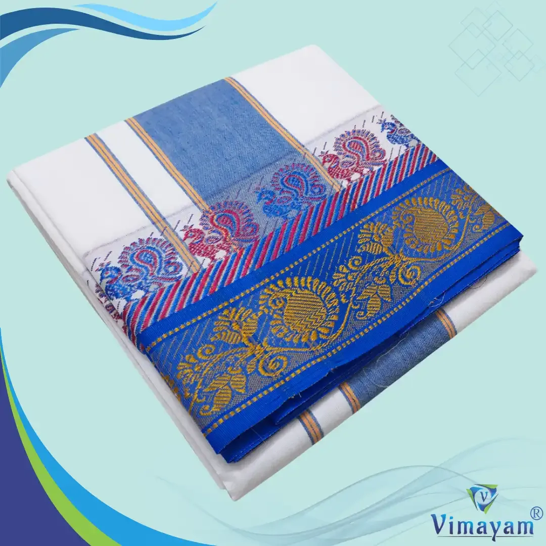 Flower Designed multi colour temple border dhoti 9X5 - Vimayam Dhoties