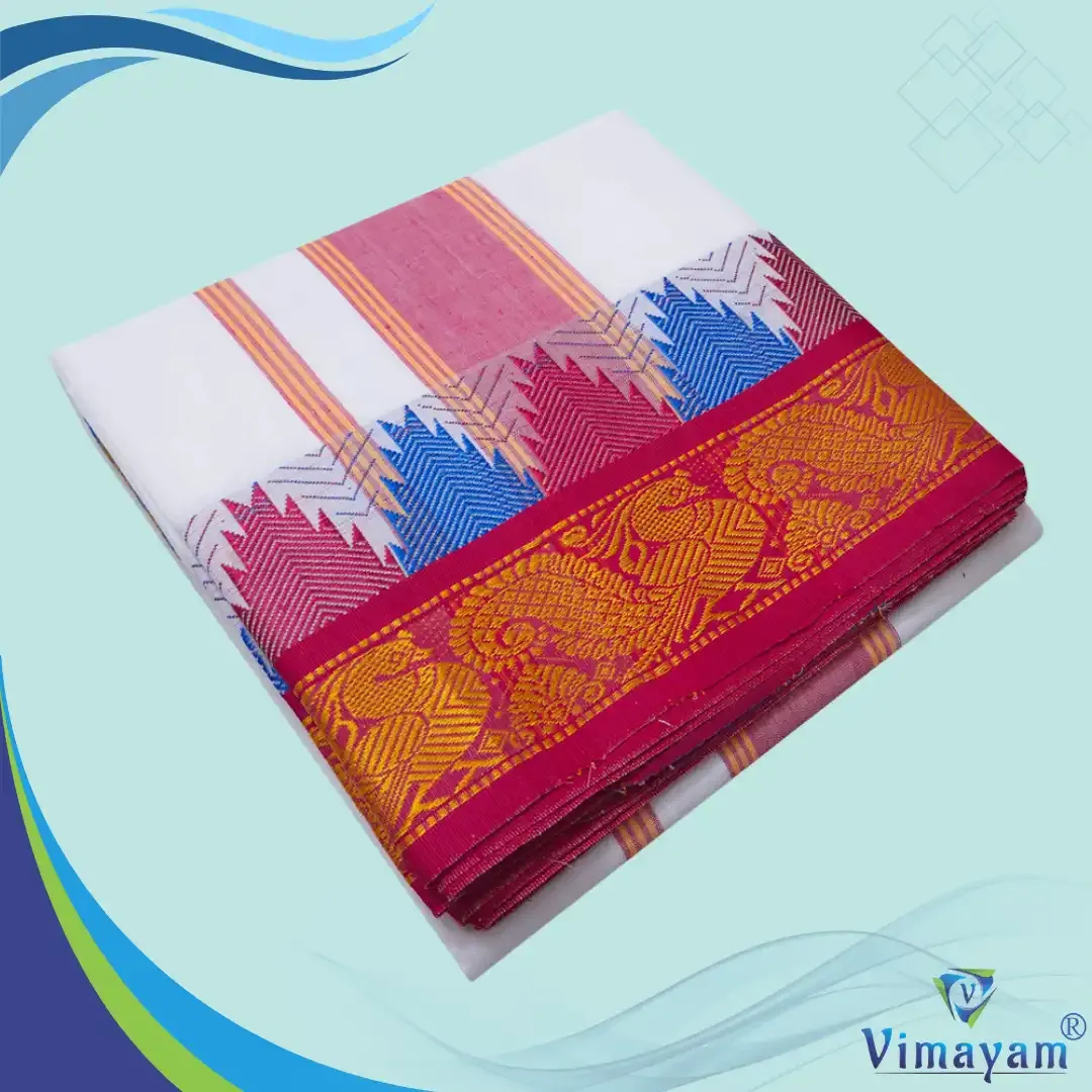 Peacock Design multi colour temple border dhoti 9X5 - Vimayam Dhoties