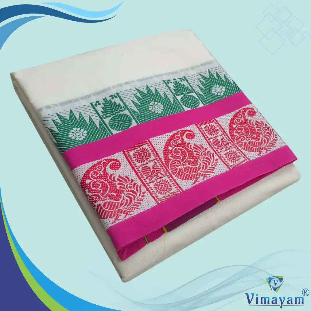 Mangoflower peacock designed premium quality dhoti - Assorted border colours - Vimayam Dhoties