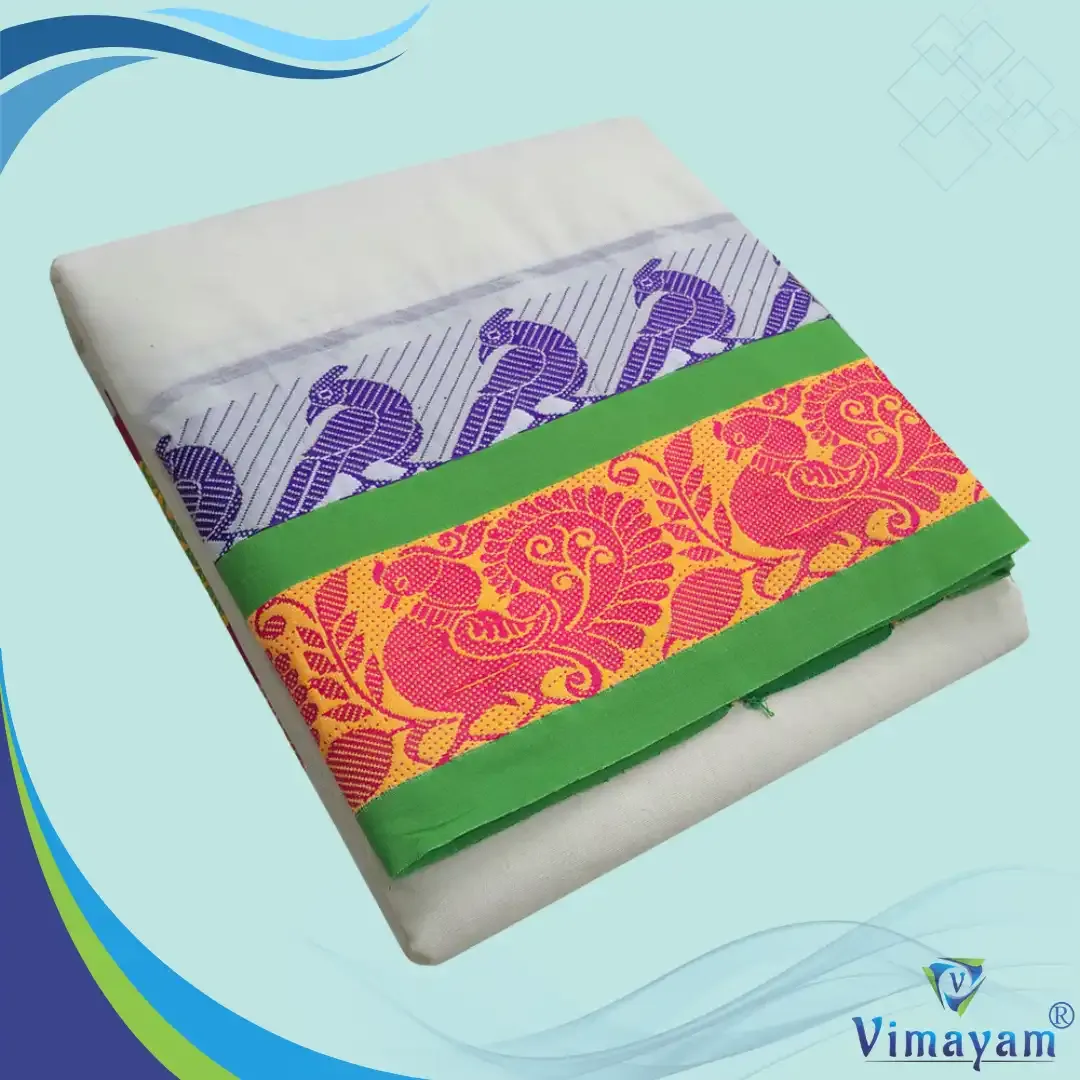 Dual peacock tower designed premium quality dhoti - Assorted border colours - Vimayam Dhoties