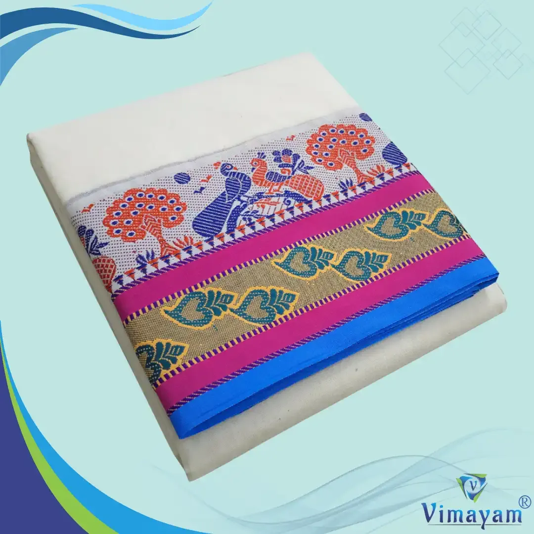 Dual peacock meena designed premium quality dhoti - Assorted border colours - Vimayam Dhoties