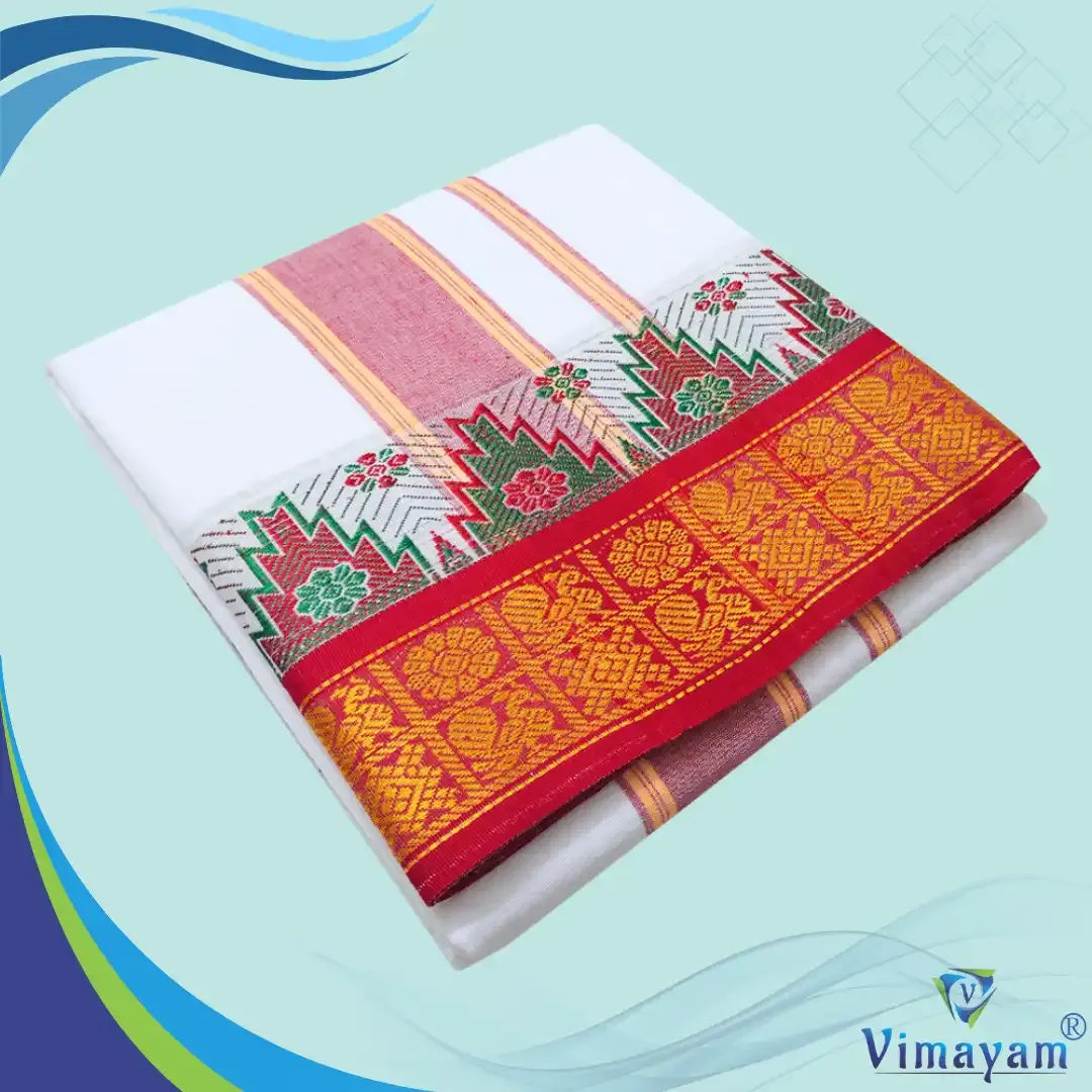 Mini peacock Designed multicolour temple border dhoti 9X5 - Vimayam Dhoties