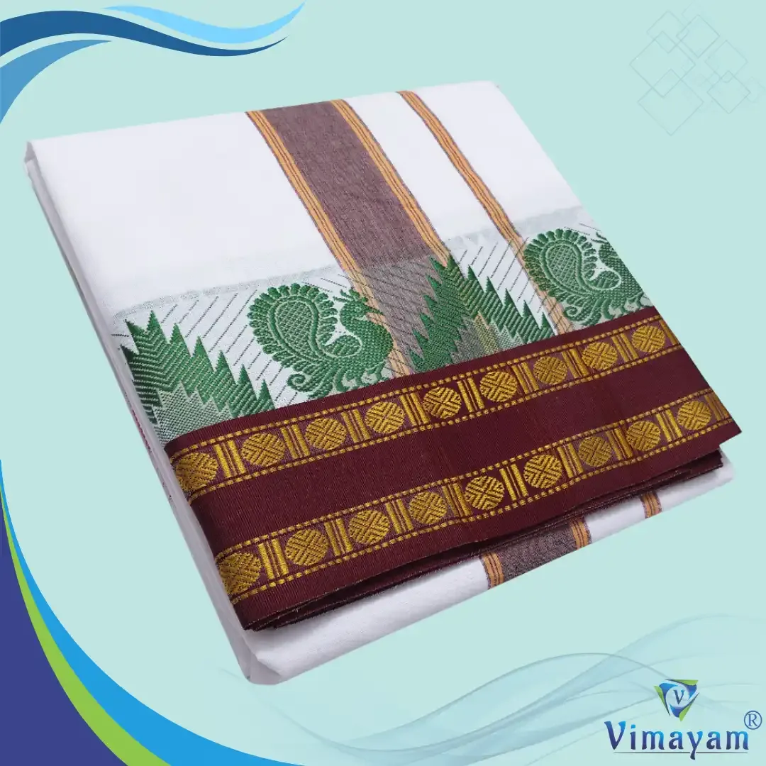 Fancy tower Peacock Designed temple border dhoti 9X5 - Vimayam Dhoties