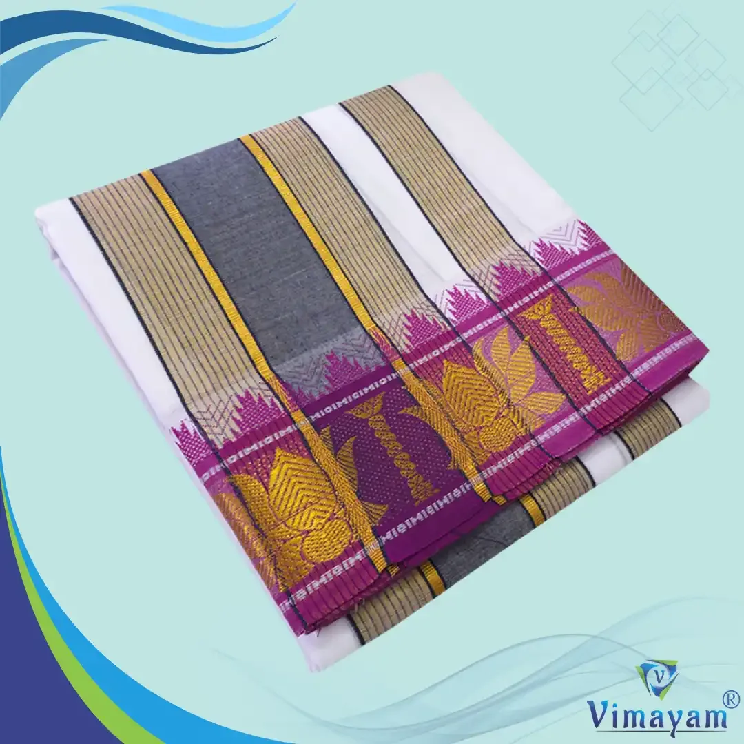 Lotus designed white vaishnava dhoti special quality - Assorted border